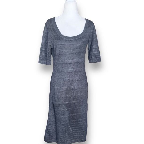 Calvin Klein Women's Gray Scoop Neck Short Sleeve Striped Midi Sweater Dress - Picture 9 of 9